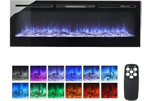 INMOZATA 152cm Electric Fire Wall Mounted Recessed Electric Fireplace With 12 LED Flame Colors, Adjustable Thermostat, Crystal&Logs Set, 900W/1800W, Remote&Touch Screen Control (152cm/60in, Black)