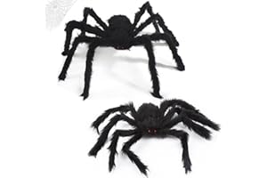 OUOQI Halloween Spinnen,2 Stück Riesenspinne,90cm+75cm Riesen Spinne Halloween Deko Outdoor,Haarige Spinne,Spinnennetz Halloween ​Dekoration,Gruselige Spinne Realistische große Spinne Requisiten