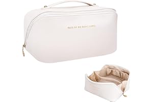 Toptime Kosmetiktasche, PU-Leder Reise Make Up Organizer, Tragbare Kulturtasche Damen, Kosmetikbeutel wasserdichte Schminktasche mit Großer Kapazität, Make Up Tasche mit Tragegriff (Beige)