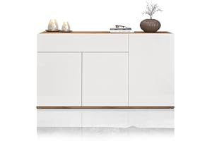 WHOUS Credenza e Buffet GARDA per Soggiorno con 1 Cassetto e 3 Ante, Madia per Salotto, Cucina e Sala da Pranzo in Legno, 120,1x35x70 cm, Bianco Lucido e Rovere