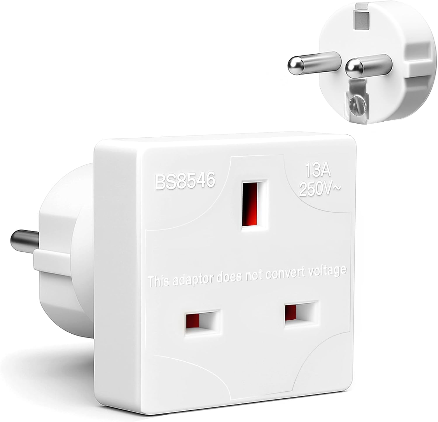 Desiretech - EU Travel Adaptor - 1 Pack - UK 3 Pin to EU 2 Pin Plug - 16A, 250V - Compact & Portable - CE Certified, Safe, Heat-Resistant - Travel Accessory for European Trips - White