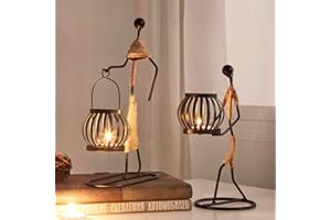 KEYOHOME 2Pcs Candle Holders for Tables, Retro Black Iron Tea Light Candle Holders Vintage Candlestick Stand Little Girl Shaped with Hemp Rope Design for Living Room Valentine Wedding Christmas Decoration (B)