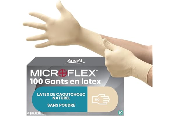 Ansell MicroFlex 63-864, Gants jetables avec bouts des doigts texturés, gants latex XL blancs sécurisés pour l'industrie, Gants de travail sans poudre, Gants de protection polyvalents, 100 gants