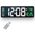 Meloya Digital Wall Clock Large Display, 16.2” LED Digital Clock with Temperature and Auto Dimming, Easy Track The Time, Date and Day of Week, with Remote Control (Green)