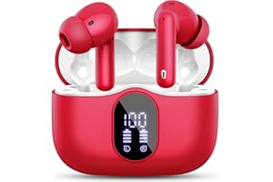 BTOOTOS Auriculares Inalámbricos, Auriculares Bluetooth 5.3 con HD Micrófono HiFi Estéreo Pantalla LED, Reducción de Ruido Auriculares,13 mm Controlador dinámico,IP7 Impermeable 36H Cascos Inalambricos Rojo