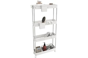 LYNCOHOME Rollwagen Küchenwagen mit 4 Ebenen, Küchenregal Nischenregal auf Rollen, Badregal Aufbewahrungswagen für Küche Badezimmer, mit 4 Haken+2 Behälter+Korbunterteilungen