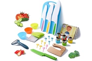 IELEK Kids Safe Knives Set, 30 Pieces Kids Wooden Kitchen Knife Kits for Real Cooking with Cutting Board, Peeler, Potato Slicer, Fruit Cutters Shapes and Fork Picks, Dishwasher Safe