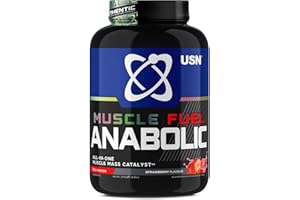 USN Muscle Fuel Anabolic All-In-One Muscle Mass Gainer, Strawberry Flavour - 2kg, 54g Protein Powder, 5g Creatine Powder & 5g BCAA Powder For Maximum Muscle Growth, Post Workout Recovery Drink Mix