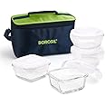 Borosil Alfa Glass Lunch Box Green, Set of 4 (2pcs 320 ml Square + 2pcs 240 ml Round) - Uni, Microwave Safe Office Tiffin