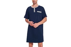 Uniexcosm Bawełniana koszula nocna męska piżama męska okrągły dekolt guziki wygodna piżama z krótkim rękawem okrągły dekolt, jednolity kolor cienki