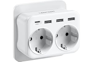 LENCENT Ladron Enchufe USB 4000W, Enchufes 6 en 1, 2 Tomas de CA, 3 USB y 1 Tipo C, Ladron Enchufe Multiple Pared con USB, Cargador Tipo-C de Móvil, Adecuedo Familia, Cocina y Oficina