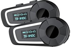 BETOWEY Interfono Moto Coppia, TK-X4SC auricolari moto casco Interfono di Gruppo per 6 Persone con Condivisione della Musica, Assistente Vocale, Radio FM, Schermo LCD