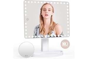 FASCINATE Large Lighted Makeup Vanity Mirror with 45 LED Lights, Rechargeable Lithium Battery Light Up Mirror, 10X Magnification Touch Screen, 360° Rotation Portable Tabletop Cosmetic illuminated Mirror