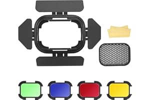 ‎GODOX Godox BD-07 II Drzwi do stodoły Barn Door Metal i kratka o strukturze plastra miodu i 4 kolory filtra żelowego dla 7 standardowych reflektorów Bowens dla GODOX AD200PRO II LED Video Light