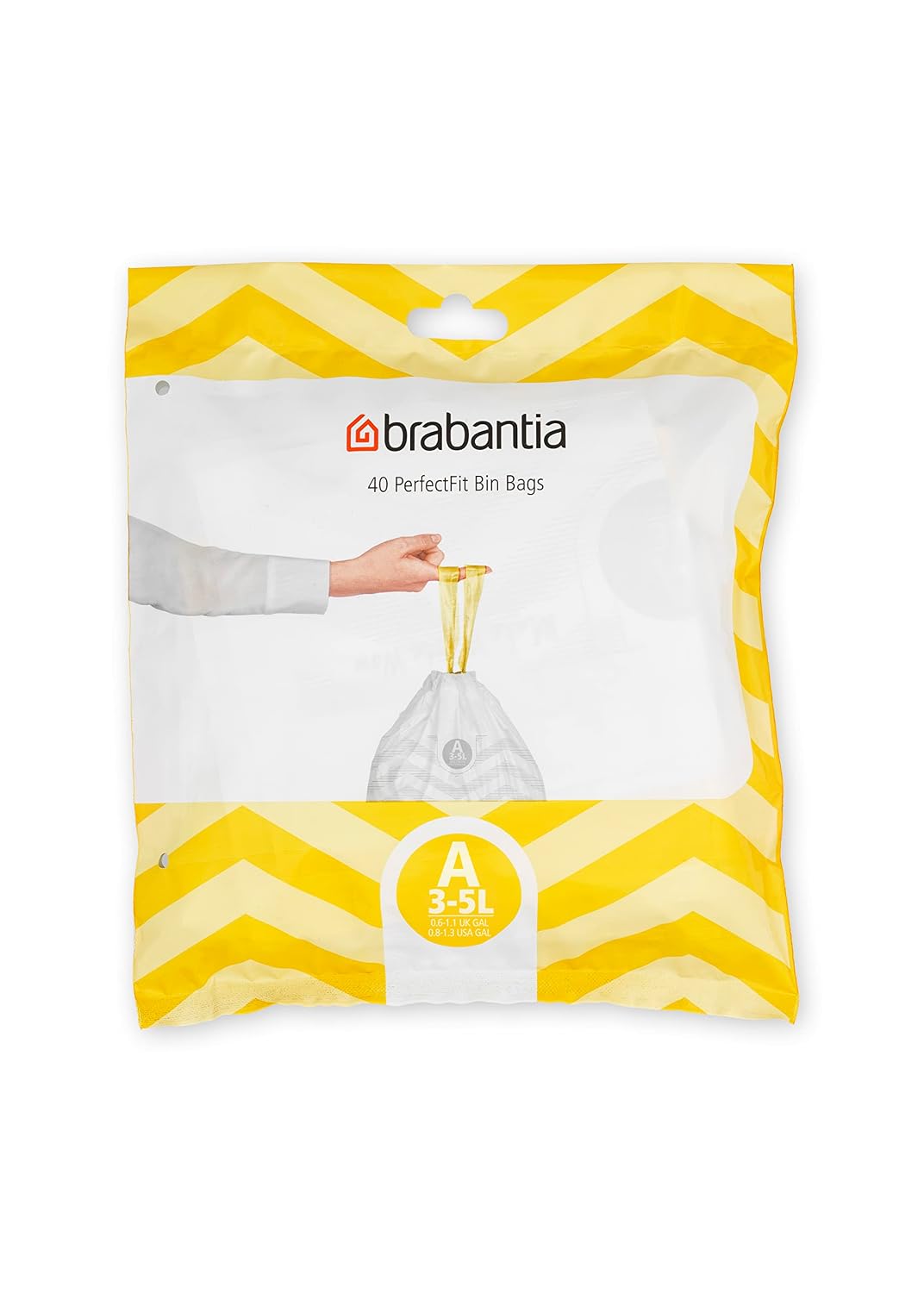 Brabantia PerfectFit afvalzakken (A-code/3 liter), zeer robuust, met intrekbare handgrepen (40 zakken) | Sac en plastique épais, ultra-résistant, Poignées coulissantes, remplacement de sac simplifié, Blanc à poignées vertes