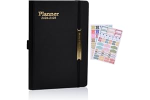 NIVOFU Kalendarz tygodniowy A5, planer, od stycznia 2024 r. do czerwca 2025 r., pamiętnik, akademicki, w twardej oprawie, z zakładkami miesięcznymi, uchwyt na długopis, kieszeń wewnętrzna, czarny