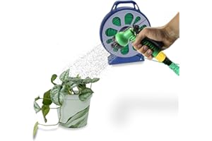 Avilia - Manguera extensible de jardín de 15 m con pistola de 7 chorros y dispensador - Manguera de agua de jardín para riego, lavado de coche o limpieza - Enrollamiento automático y conexión