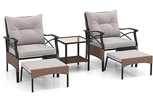LIFEZEAL Set di 5 mobili da giardino da balcone in rattan con pouf, set di mobili da terrazza con cuscino e tavolino, set da 5 pezzi, set da giardino per esterni, per terrazza, balcone, giardino,