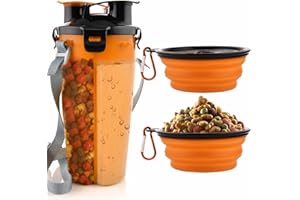 MATT SAGA 800ML Hund Trinkflasche und Futterflasche 2-in-1 mit 2 Faltbar Hunde Reisenapf Tragbare Hundewasserschüsseln zum Gehen, Wandern & Reisen(Orange)