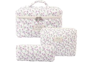 Aucuu Beauty Case, 3 Pezzi Floreale Grande Capacità per Il Trucco, Borsa da Toilette Trapuntata, Beauty Case da Viaggio Cotone Morbido, Beauty Trapuntato Grandei da Toilette Makeup Bag Organizer