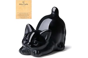 QINJIEJIE Glossy Obsidian Crystals Cat Figurines for Cat Lovers Animal Cat Ornaments Desk Decoration Good Luck Gifts Cat Themed Crystal Presents for Women