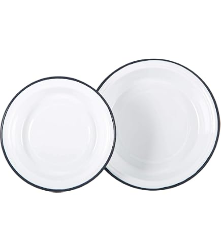 HENDI Assiette en acier émaillé blanc, avec bord bleu, récip