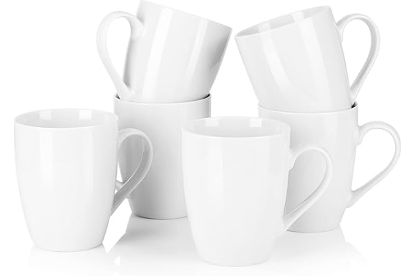 MALACASA Série Elisa Grandes Tasses pour Café Cappuccino Expresso, Lot de 6 Mugs en Porcelaine Blanches, 340ML Tasses à Café
