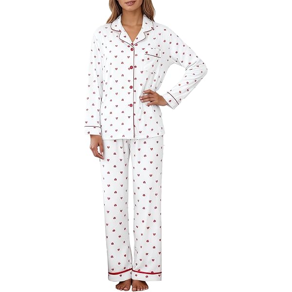 Pyjama Femme 2 Pièces Avec Cardigan – Manches Longues, Imprimé Cœur, Pour Printemps/automne, Saint-Valentin