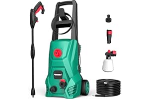 HYCHIKA BETTER TOOLS FOR BETTER LIFE HYCHIKA Hidrolimpiadora, 110 Bar Max. 410 l/h Caudal 1500W Lavacoches Portátil con Depósito de Espuma, Manguera de Alta Presión 5m, Cable 5m, hidrolavadora Ideal para Coches Vallas Patios