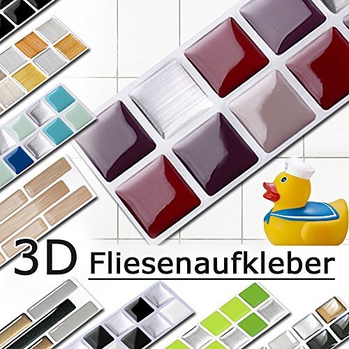 7er Set 25,3 x 3,7 cm Grandora Mosaik Fliesenaufkleber 3D-Effekt große Auswahl W5288 Wandaufkleber Küche Bad Fliesendekor Folie selbstklebend rot beige silber Design 2
