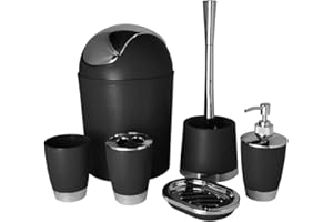 FINGEY Bathlux Modern Design 6 Piece Bathroom Accessory Set, Toilet Brush, Waste Bin, Soap Dish, Tooth Brush Holder Soap Dispenser, Rinse Cup (Black)