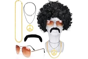 Humairc Parrucca Afro Ricce Uomo Donna Accessori Hippy/Carnevale/Halloween Costume Carnevale/Halloween/Disco/Anni 80/Anni 70 - Parrucca Occhiali Collane Barbe Finte