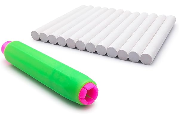 Leddy Living Ensemble de 12 craies blanches avec porte-craie réglable – Craies pour tableau, école, bureau et maison – Écriture claire, faciles à utiliser et à effacer