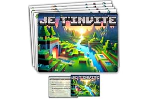 roxisha - Lot de 10 Cartes Invitation Anniversaire Thème Minecraft + Enveloppes - Garçon et Ado - Carte Postale 10,4 x 14,8 cm - Préremplies en Français - Idéal pour Fête et Goûter d'Anniversaire