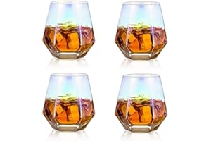 GLASSEAM Ensemble De 4 Verres à Whisky Diamantés en Verre Scotch Incliné 300 ML en Verre à Whisky Look Moderne pour Hommes Femmes, Papa, Mari, Amis, Verrerie pour Gobelet à Bourbon/Rhum/Bar