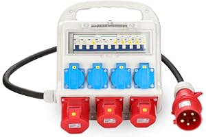 Herrselsam Baustromverteiler, 2x CEE 16A 400V+1x CEE 32A 400V+4x 230V Schuko mit 1,2m Zuleitung mit Leitungsschutzschalter, Baustelle Innen Außen