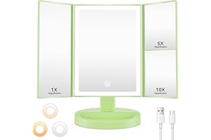 Auxmir Espejo Maquillaje con Luz, Recargable 1X/5X/10X Espejo Aumento Tríptico, 68 Luces LED con Pantalla Táctil Brillo Ajustable, Giratorio 180°, Verde