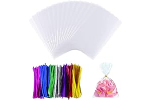 SUBTAVIK Paquete de 50 bolsas de celofán con 50 lazos de colores mezclados, bolsas de celofán transparentes, bolsas dulces transparentes para embalaje de dulces (6,7 x 4,7 pulgadas)