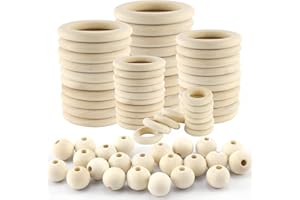 BANTI Holzringe und Holzperlen Set Holzringe Zum Basteln Makramee Ringe 50 Stück Macrame Holzperlen 40 Stück Holzring Natürliche für DIY Handwerk Ring Anhänger und Anschlussstück Schmuck Machen