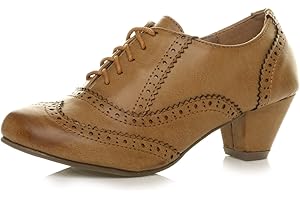 AJVANI Womens mid low block heel lace up comfort rubber sole brogue ankle shoe boots booties size.
