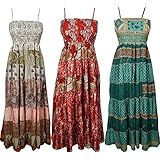 Indiatrendzs Womens Sundress Recycled Silk Patchwork Maxi Flare Dress Combo 3 Pcs