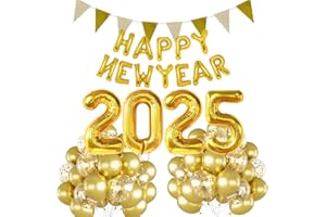 IWHEAT Happy New Year Deko 2025, Silvester Dekoration 2025, Deko Silvester Party 2025, Happy New Year 2025 Folienballon Banner, Gold Konfetti Luftballons für Silvesterpartydeko Neujahrsdeko Accessoire