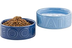 Navaris Comedero y Bebedero para Mascotas - 2X Bol para Perros Medianos y Grandes - Boles de cerámica de 700 ml para Mascota - Aptos lavavajillas - Diseño Water y Food - Azul
