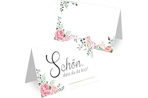 DPKOW 60 Stück Hochzeit Tischkarten mit Blumendesign, Schön DASS Du da Bist Platzkarten zum Beschriften Tischkarten für Geburtstag Konfirmation Taufe Hochzeit Namenskarten Namensschilder
