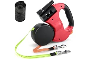 YANCLIFE Guinzaglio retrattile doppio per cani, rinforzato ed estensibile con manico antiscivolo, luce LED e cassettiera per portare a spasso 2 cani, forte banda in nylon a 360°, 3 m, rosso