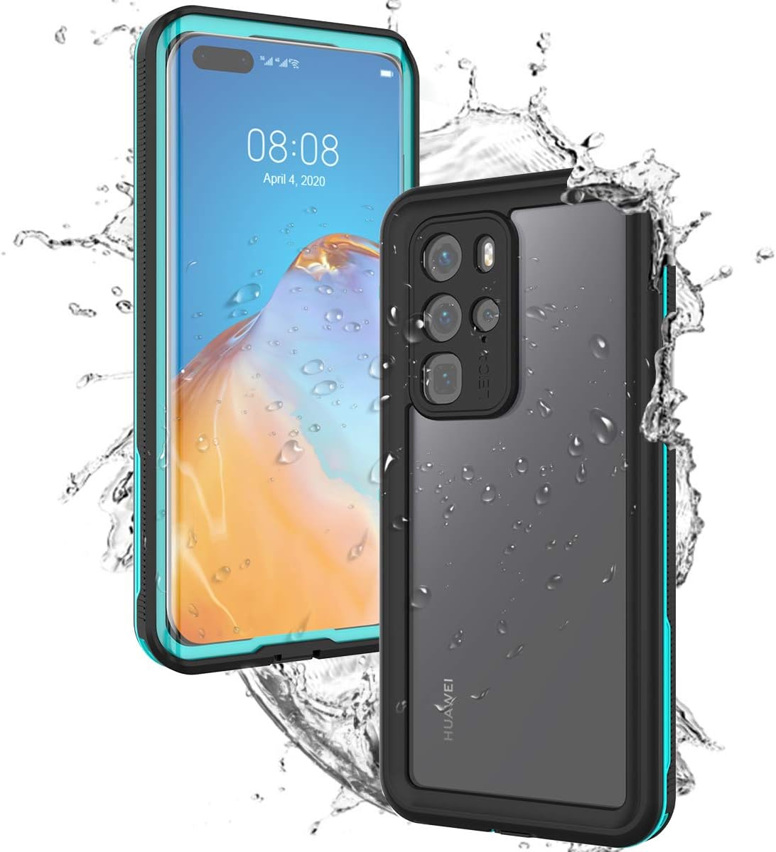 DealMaster For Huawei P40 Pro 5G Waterproof Case 360 Degree Waterproof Dustproof Case Cover Dots Pattern Protective Shell with Buoyancy Lanyard (Grass Blue)