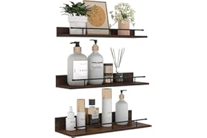 Giftgarden Brązowy regał ścienny, drewniany, mały regał wiszący, listwa na zdjęcia z czarną metalową poręcz do salonu, kuchni, pokoju dziecięcego, sypialni lub biura – 3 sztuki w różnych rozmiarach