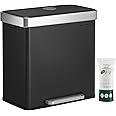 SONGMICS Kitchen Bin, 2 x 30L Stainless Steel Pedal Rubbish Bin with 15 Trash Bags, Recycling and Waste, with Plastic Inner Buckets, Lid, Soft Closure, 58.2 x 31.5 x 60.5 cm, Black LTB202B01