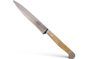 GÜDE Solingen - Coltello per pomodori seghettato forgiato, 13 cm, legno d'ulivo, ALPHA-OLIVE - doppio collarino, fatto a mano in Germania