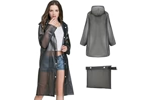 Kcmell Raincoat Adult Portable Rain Ponchos, Waterproof Rain Poncho for Men and Women, Black Transparent Rain Coats Reusable EVA Rainwear for Hiking Camping and Travel